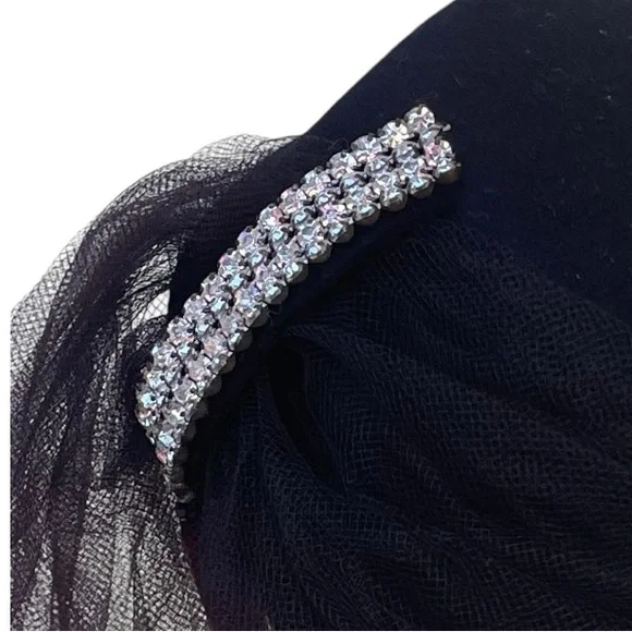 Vintage Tulle Train Art-Deco Rhinestone-Style Pillbox Hat - Picture 4 of 16